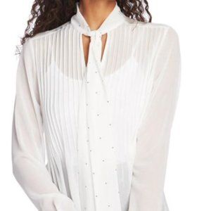 1.State Womens Pleated Tie Neck Top White